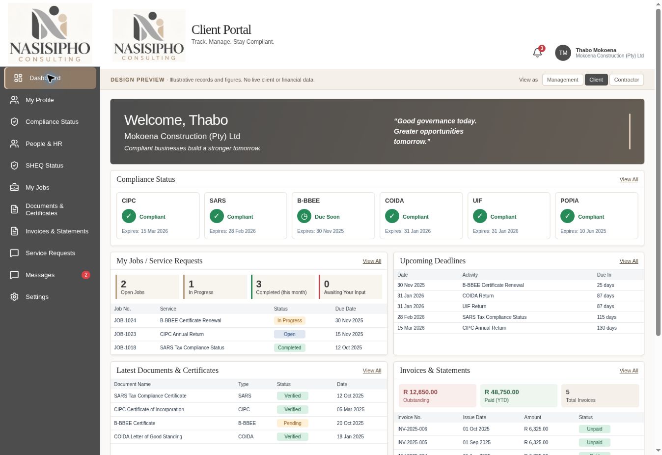 Client overview screen from the Nasisipho ComplianceHub design preview