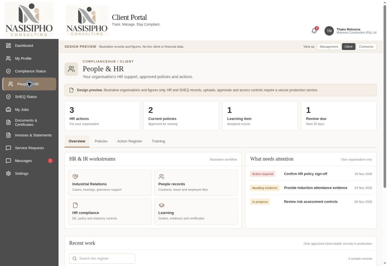 People & HR screen from the Nasisipho ComplianceHub design preview