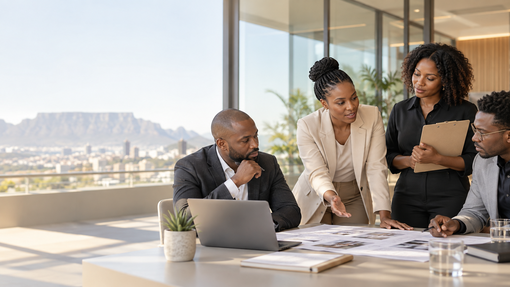 Consulting team discussing workplace plans in an office